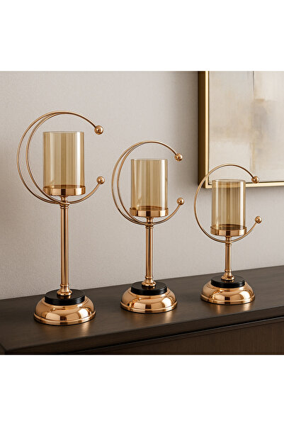 MİS KİTCHEN Altın Metal Gövdeli Hilal Formlu Halkalı Dekoratif Şamdan Seti 3 LÜ SET