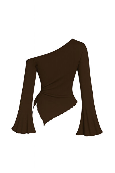 Wild Flower Μπλούζα με μακρύ μανίκι Bitter Brown με ασύμμετρο λαιμόκοψη και δραπέτες στο πλάι