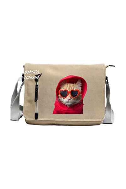 Minga London Beige Hooded Cat Printed Messenger Bag -Mingalondon
