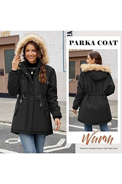 Nadeer Women's jacket with fleece lining, made of faux fur, waterproof, black, size S,