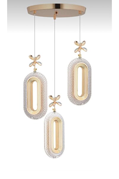 Akgül 3'li Gold Kaplama Sarkıt Led Salon Avize 3 Renk Ledli