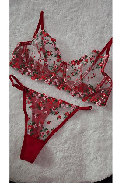 Mark Bells Kırmızı Çıtır Çiçek Desenli Dantelli Bralet Takım