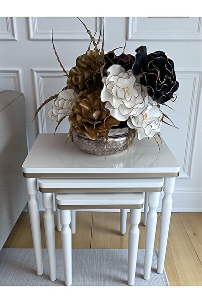 AYSA Mobilya 3Lü Beyaz Sarı Lüx MDF Ahşap Zigon Sehpa