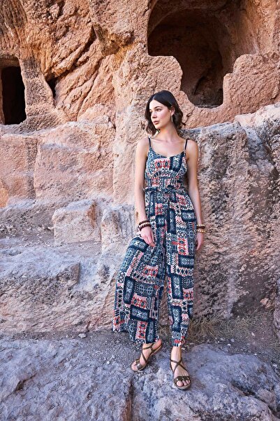 MONAMİSE Women'S, Ethnic Patterned, Navy Blue Jumpsuit