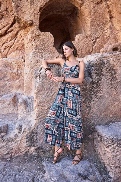 MONAMİSE Women'S, Ethnic Patterned, Navy Blue Jumpsuit