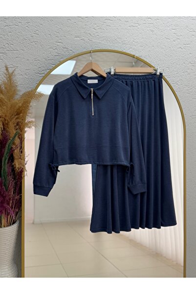 BENAHOLL Capina Half-Zip Side-Tie Pique Fabric Skirt Suit-As085 Navy Blue