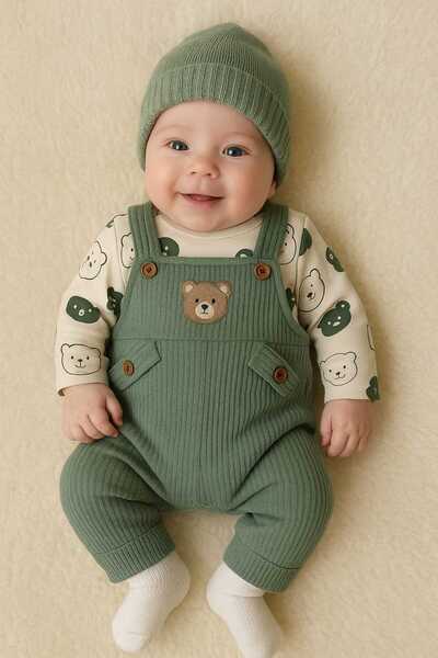 NAFİTO Bebek Erkek 3'lü Tulum Takımı Salopet Ve Çorap Seti Ayıcık Desenli Badi Ayı Nakışlı Pamuklu Unısex