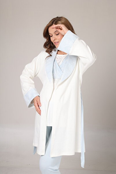 Lohusa Homewear Kadın Mavi Jakarlı Dantel Detaylı Kışlık Özel Tasarım Lohusa Hamile Sabahlık Pijama Takımı 3'Lü Set