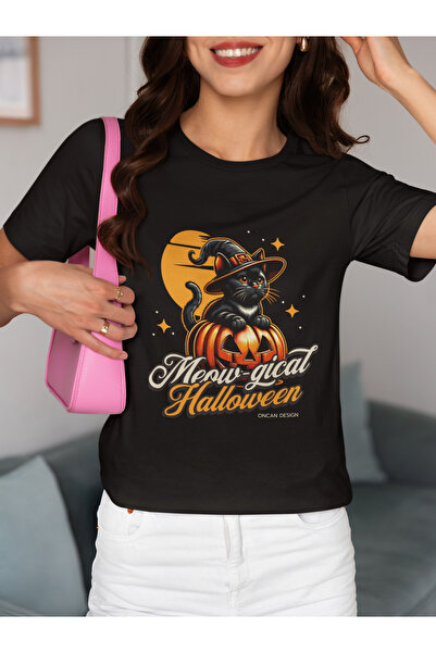 MAGORS تي شيرت نسائي من القطن بياقة دائرية وطباعة قطة سوداء لعيد الهالوين