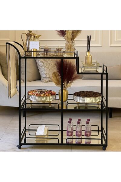 genric عربة تقديم معدنية ذهبية فاخرة مع أرفف زجاجية شفافة بثلاث طبقات - عربة بار أنيقة 100×40×90 سم
