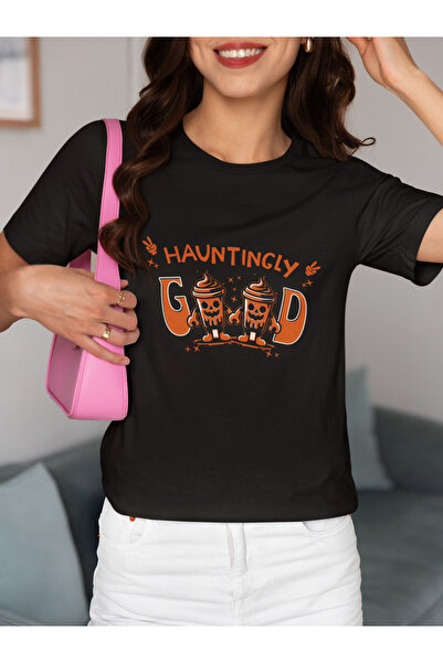 MAGORS تيشيرت نسائي من القطن برقبة دائرية وطباعة قياسية على شكل كوب الهالوين