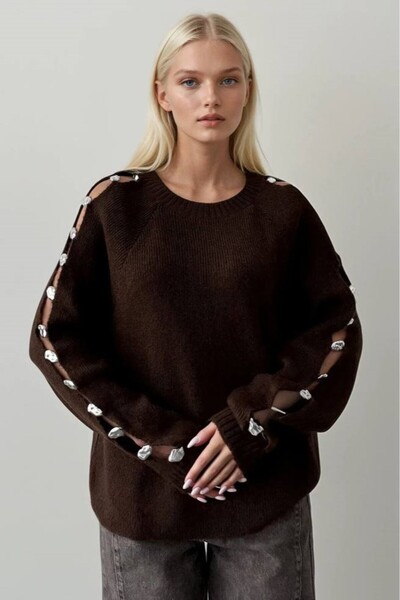 MADAMMERY Pulover pentru femei cu design decoltat cu mărgele