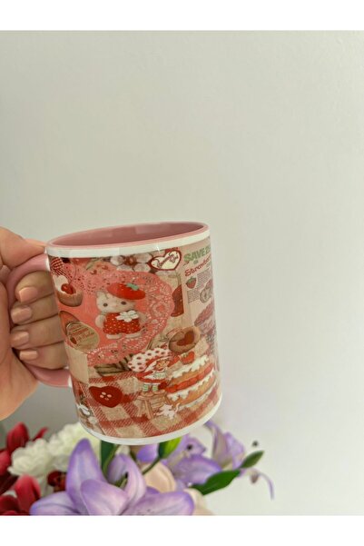 Ceribo Co. Pembe Temalı Baskılı Kupa Strawberry Baskılı Çay ve Kahve Kupası P...