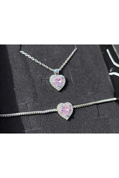 stainless steell zirkon taşlı kalpli pembe paslanmaz çelik kolye ve bileklik seti