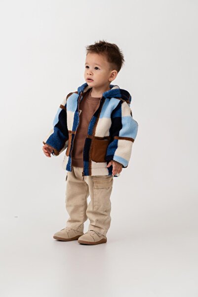Magu Boy's Cotton Hooded Blue Plaid Zippered Fleece Coat