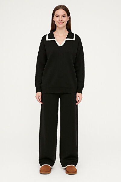 Alos طقم نسائي مكون من سترة وبنطلون تريكو أسود بياقة على شكل V، تصميم مريح من...