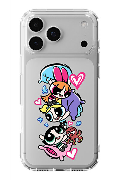 moonset Iphone 17 Pro Uyumlu Powerpuff Girls Tasarımlı Baskılı Şeffaf Telefon...