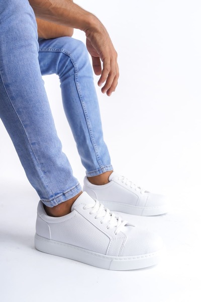 Zapatos حذاء رياضي رجالي بأربطة جلدية SLW165 للرجال بأربطة جلدية - أبيض