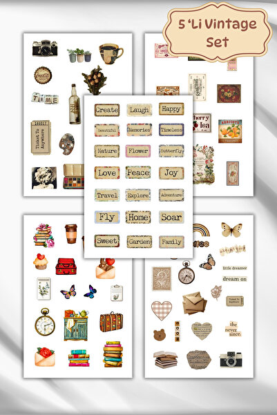 birikiyedi 5'li Vintage Sticker Planner Ajanda Bullet Journal Için Uygun Set