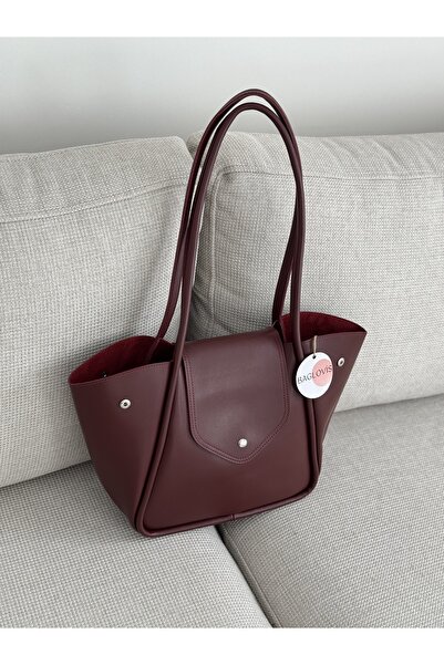 BAGLOVİS Large Burgundy Women's Shoulder Bag with Long Strap Detail En40 Boy28