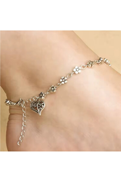 ZETCONCEPT Zet Style Gümüş Kaplama Kalpli Ayak Bilekliği-Peri Tarzı - Mine desenli -Sevgililer Günü Doğum Günü