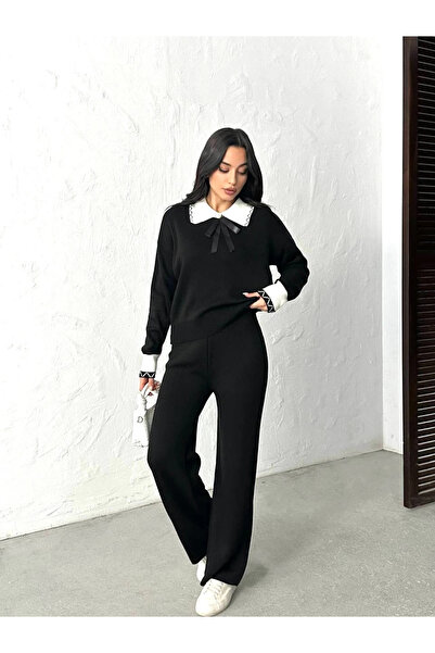 Lusin Жіночий чорний елегантний светр з коміром, штани, верхній одяг, двокомпонентний трикотажний комплект
