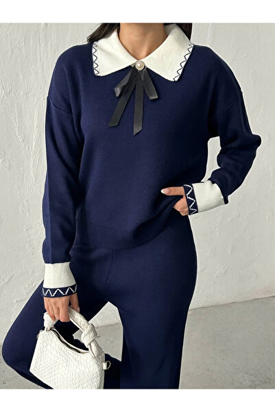 Lusin Жіночий синій елегантний светр з деталями на комірі, штани, верхній і нижній комплект трикотажу