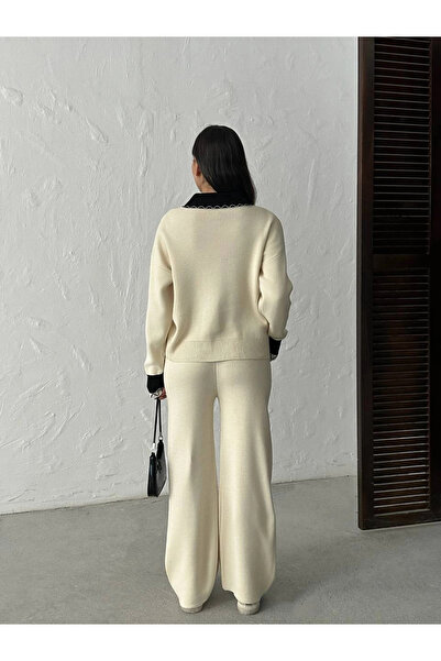 Lusin Жіночий екрю стильний комір деталізований светр штани верхній нижній двокомпонентний трикотажний комплект