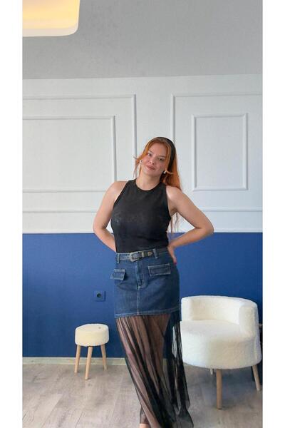 Butik tül detaylı kot etek