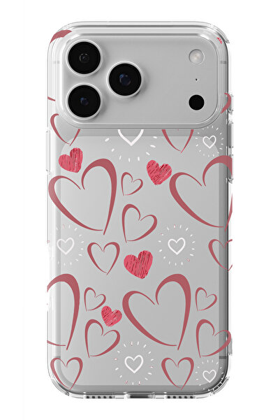 moonset Iphone 17 Pro Uyumlu Kalpler Tasarımlı Baskılı Şeffaf Telefon Kılıfı