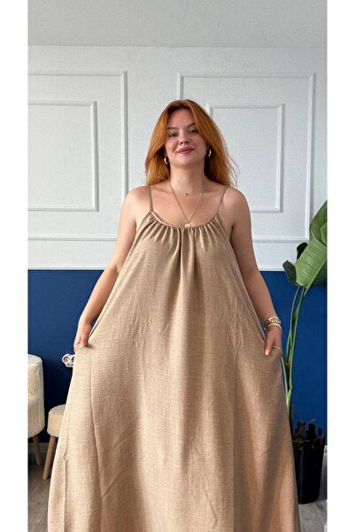 Butik vizon rengi cepli uzun elbise