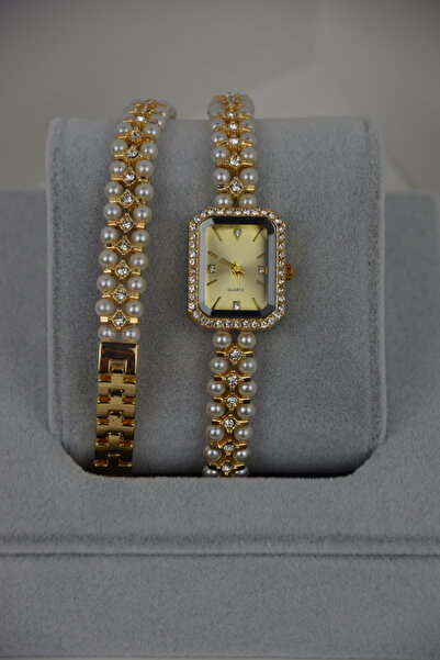 Mazzy İncili Taşlı Kadın Bileklik Saat – Altın Renk | İki Tur Dolamalı Zarif ...