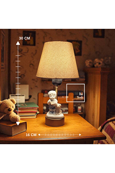 77 Hawke Porselen Çocuk ve Köpek Figürlü Abajur – Dekoratif Seramik Gece Lamb...