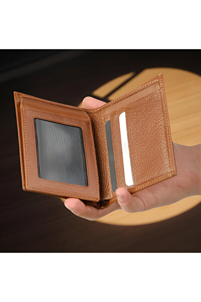 MODA محفظة رجالية من الجلد الطبيعي باللون البني - 6 فتحات للبطاقات، وقسمان شف...