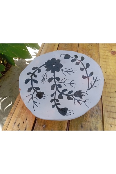 Comlekevi toprak saksı Ayaklı el yapımı motifli toprak meyvelik