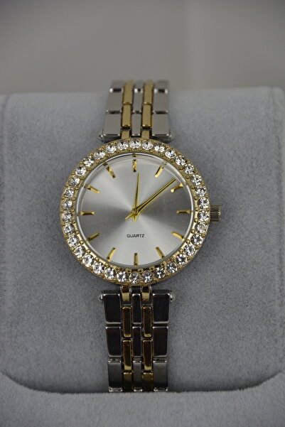 QUARTZ Çift Renk Taşlı Çelik Kordon Kadın Kol Saati – Yuvarlak Kadran | Işılt...