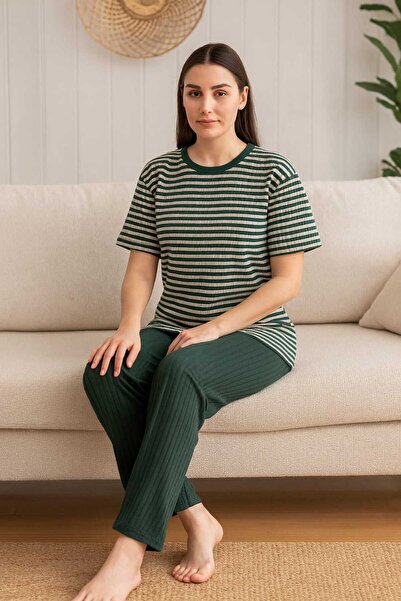 Tenra Kadın Pijama Takımı Kısa Kollu %100 Pamuk Yeşil Çizgili