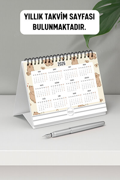 Eldesen Tasarım 2026 Masa Takvimi Spiralli A6 (15x12cm) Orta Boy / Resmi Tatiller ve Hafta Sonları / 12 Aylık