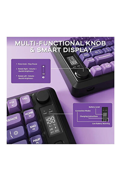 Hietech Kablosuz Gaming Oyuncu Klavyesi Freewolf M75 BT+2.4Ghz Oled TFT Ekranlı Membran Reinbow Aydınlatmalı