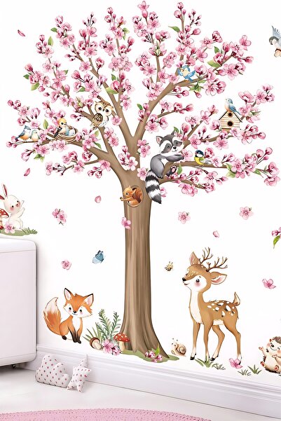 Grafikup Набір наклейок на стіну «Лісові тварини та велике квіткове дерево» — набір для декору дитячої кімнати та дитячого садка