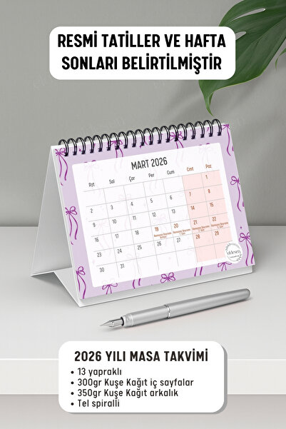 Eldesen Tasarım 2026 Masa Takvimi Spiralli A6 (15x12cm) Orta Boy / Resmi Tatiller ve Hafta Sonları / 12 Aylık