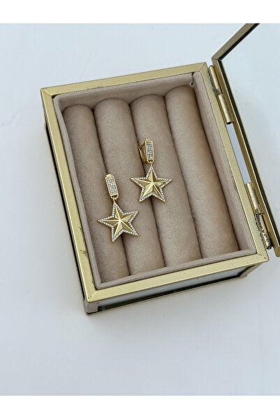 H&S AKSESUAR Özel Seri Bombeli Zirkon Taş Kenar Yıldız Figür Sallantılı Küpe