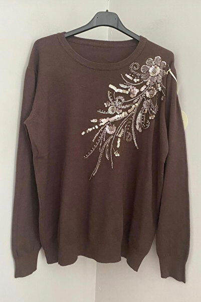 AYASOFYA OTANTIK Γυναικεία ιταλική καφέ μπλούζα με στρογγυλή λαιμόκοψη, χιαστί παγιέτες, κεντημένη με παγιέτες, πλεκτό πουλόβερ από ανγκόρα