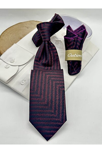 Gutiero Claret Red Patterned Classic Tie with Handkerchief