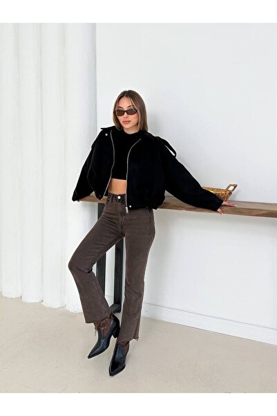 MODA DURAĞI سترة بومبر من جلد الغزال بسحاب وبدون أكتاف