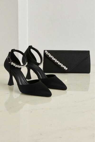 Famels Black Satin Stone Design Shoes Are Elegantly Designed and Come with Evening Dress Bag Set.