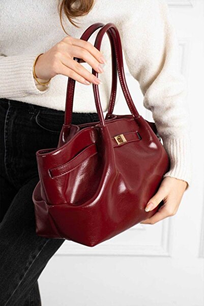 Grsbags Kadın Bordo Büyük Boy Deri Omuz Çanta