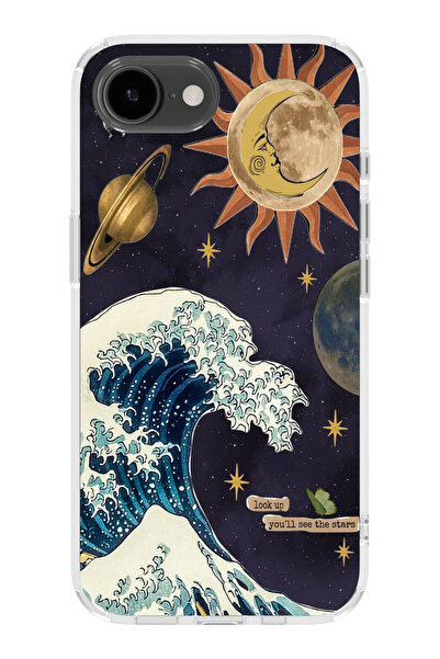 moonset Iphone 16E Uyumlu Dalga ve Güneş Tasarımlı Baskılı Şeffaf Telefon Kılıfı