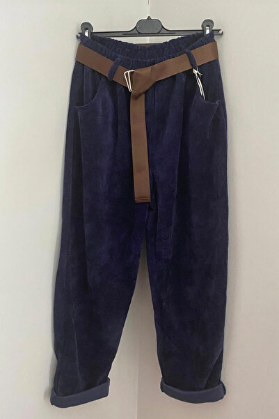 AYASOFYA OTANTIK Women's Italian Navy Blue Elastic Waist Pocketed Buckle Belted Casual Velvet Trousers