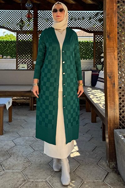 Rabia Şamlı Checkerboard Patterned Knitwear Cardigan Emerald